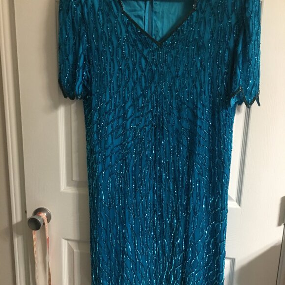 Lawrence Kazar Aqua Sequin Dress - Dinner Wedding 44 Bust Size Large Sw1 - Picture 3 of 4